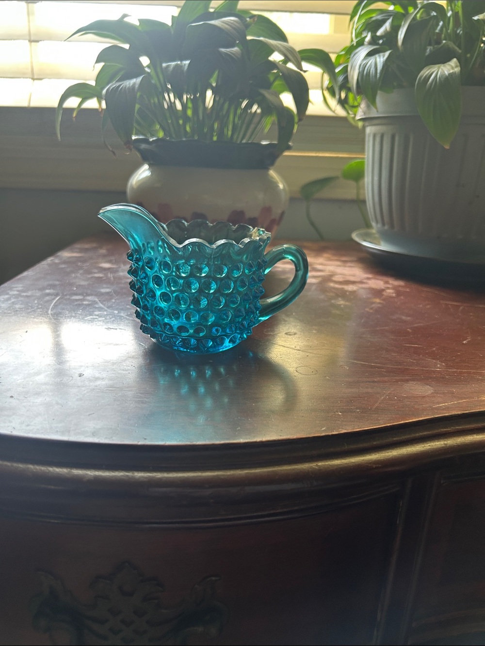 Vintage 60s blue glass hobnail creamer, likely produced by L.E. Smith glass